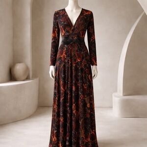 Coldwater Creek V-Neck Velvet Floral Elegant Long Sleeves Maxi Dress Size 16